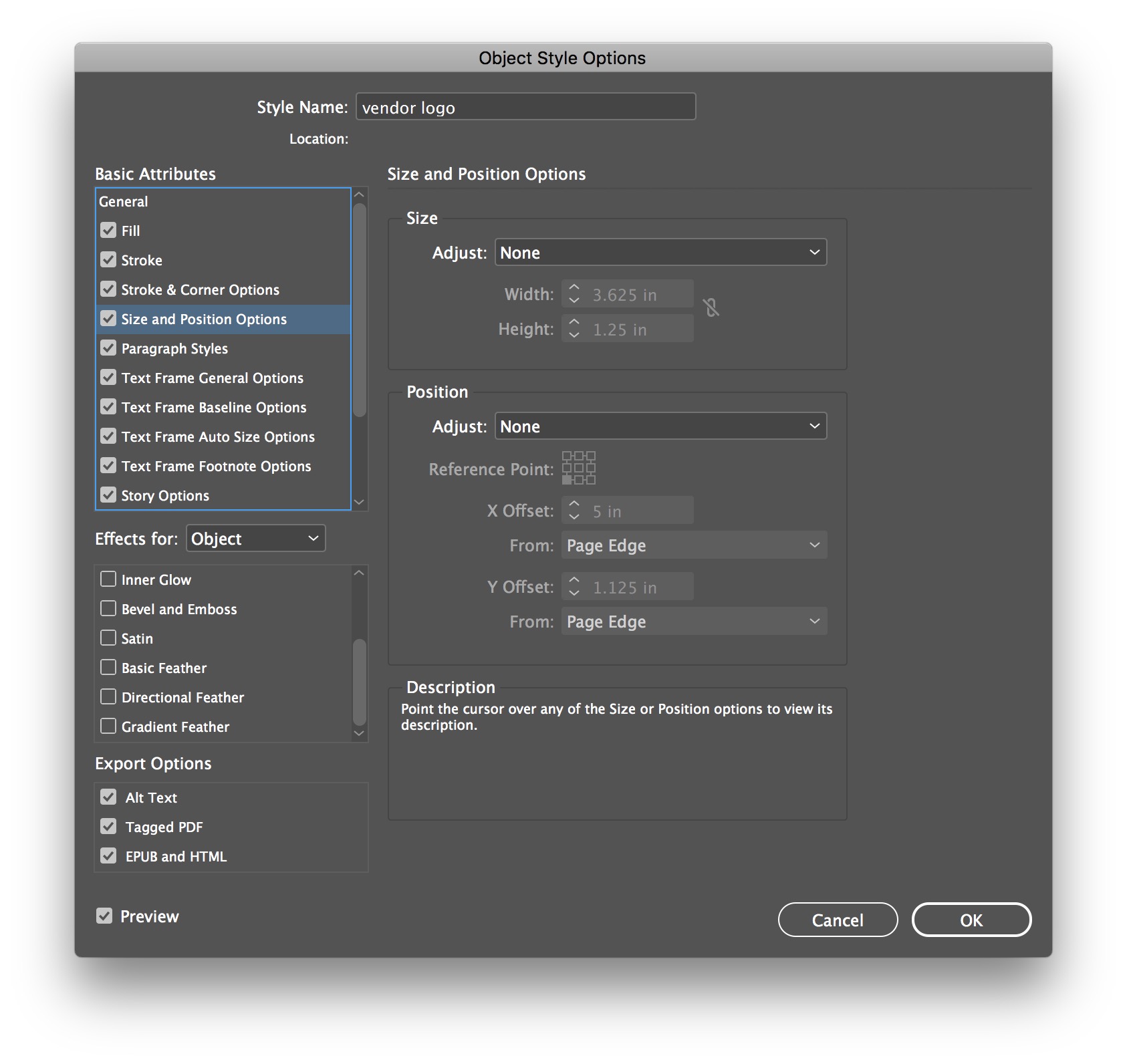 Object Styles Palette - Size & Position